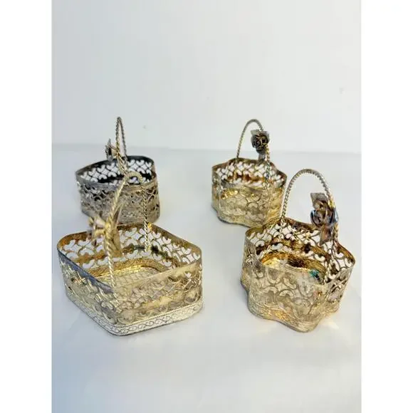 Set of 4  Silver Plated Metal Rose Handle Decorative Trinket Baskets - Picture 4 of 14